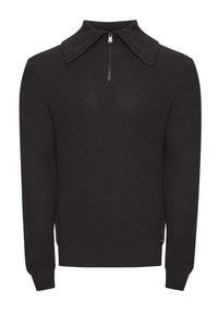 Schwarzer gestrickter Pullover mit breitem Kragen und Reißverschluss, ausgestattet mit einer gerippten Textur und eng anliegenden Bündchen. Einfaches Design, ohne Muster oder Akzente.