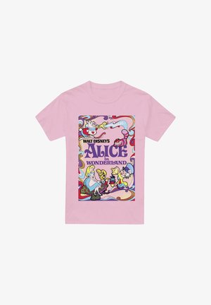 Light pink T-shirt featuring a colorful graphic of "Alice in Wonderland" characters and title text in purple, surrounded by vibrant swirls.