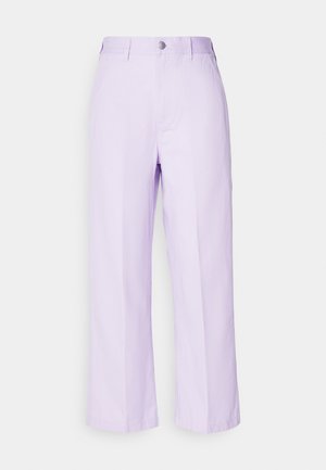 Lavender wide-leg trousers made from soft fabric, featuring a front button closure and two side pockets for practicality.