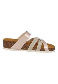 Pantofole alla schiuma rosa chiara con fasce metalliche incrociate, dettagli glitterati, suola in sughero e plantare testurizzato. Suola esterna in gomma bianca.