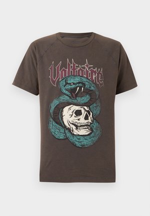 Dark brown T-shirt featuring a graphic of a teal snake coiled around a white skull with "Voltaire" text above in gothic font.