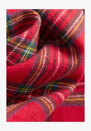 Écharpe en laine à carreaux rouges présentant des motifs complexes en blanc, jaune, vert et bleu, avec une finition douce et texturée.