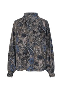 Tumši pelēkas krāsas garām piedurknēm blūze ar zilu ziedu un paisley rakstu, ar augstu apkakli un savilktām detaļām uz plākšņu.