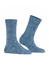 Chaussettes tricotées dans des nuances variées de bleu, avec un poignet côtelé et une finition texturée, conçues pour le confort et la chaleur.