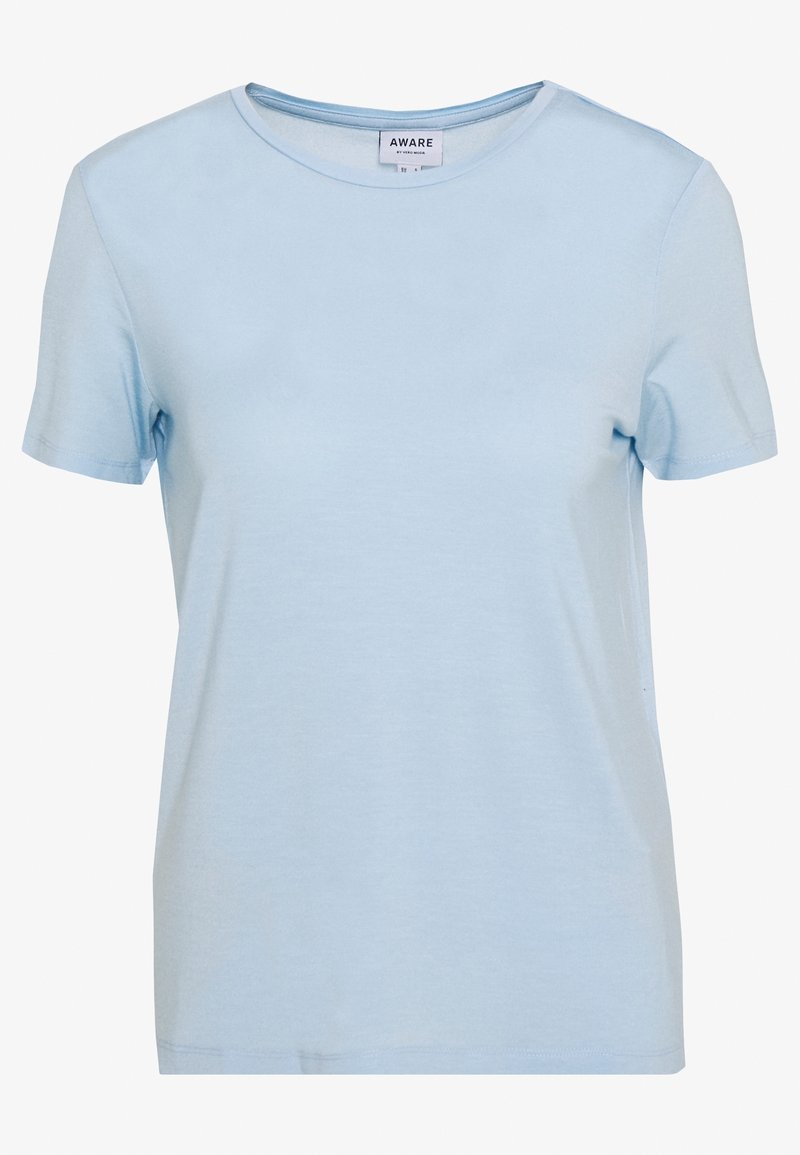 Světle modré tričko s krátkým rukávem vyrobené z jemné bavlny, které má hladkou texturu a klasický kulatý výstřih s nenápadnou logovkou.