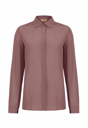 Bluzka w kolorze mauve z długim rękawem, krytą plisą na guziki i klasycznym kołnierzem, wykonana z gładkiej tkaniny, pokazana z przodu na białym tle.