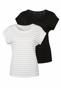 Dos camisetas de manga corta: una blanca con finas rayas horizontales y una negra con detalles de rayas doradas. Tela de algodón, ajuste relajado.