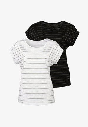 Zwei T-Shirts mit kurzen Ärmeln: eines in Weiß mit dünnen horizontalen Streifen und eines in Schwarz mit goldfarbenen Streifen. Aus Baumwollstoff, lässiger Schnitt.