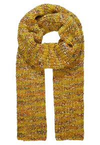 Écharpe en tricot jaune à flocons multicolores. Présente un motif texturé côtelé. Matière douce qui tombe en une disposition en boucle.