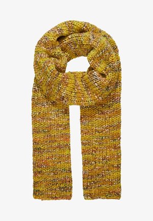 Écharpe en tricot jaune à flocons multicolores. Présente un motif texturé côtelé. Matière douce qui tombe en une disposition en boucle.