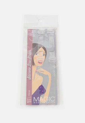 Clear silicone bra straps in a 10mm width, packaged with a colorful illustration of a woman. Designed for discreet wearing under clothing.