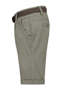 Khaki shorts with rolled hem, made of lightweight fabric. Features a woven brown belt, side pockets, and detailed stitching.