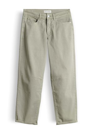 Lichtbeige rechte broek met knoop-en ritssluiting aan de voorkant, lussen voor een riem, vijfzakkenstijl en een tailleband met het label "Opus Pants".