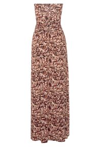 Maxikleid aus einem gemusterten Stoff mit abstrakten braunen und cremefarbenen Wirbeln, trägerlosem Design und taillierter Passform. Glatte Textur.