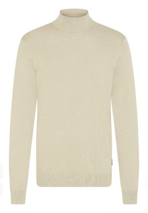 Beige coltrui, geribbelde textuur, lange mouwen, slimfit ontwerp, zachte stof, rechte zoom, minimalistische stijl zonder patronen of versieringen.