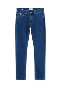 Slim-fit blå denimjeans med en mjuk textur, femfickdesign och märkesmidja. Klassisk metallknapp och dragkedjestängning.