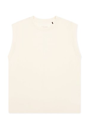 Ärmelloses beiges Oberteil mit rundem Ausschnitt, geradem Saum und lockerer Passform, flach auf weißem Hintergrund dargestellt.