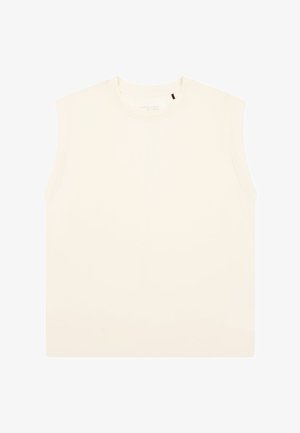 Ärmelloses beiges Oberteil mit rundem Ausschnitt, geradem Saum und lockerer Passform, flach auf weißem Hintergrund dargestellt.