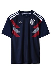 Navy blue soccer jersey made of polyester, featuring red and white diagonal stripes, with a round neckline and Bayern Munich logo.