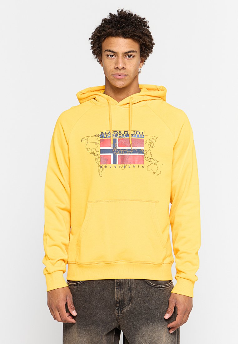 Felpa gialla con cappuccio caratterizzata da una grafica centrale con una mappa e la bandiera norvegese. Realizzata in cotone; include una tasca frontale e cordini.