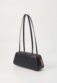 Black synthetic shoulder bag with a rectangular shape, smooth texture, gold-tone zipper, and two long straps for easy carrying.