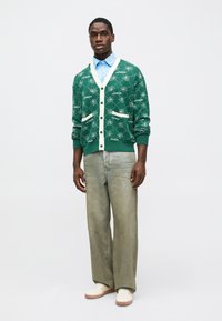 Πλεκτή ζακέτα με πράσινο σχέδιο και λευκές λεπτομέρειες, μακρυά μανίκια και τσέπες, συνδυασμένη με ανοιχτό μπλε πουκάμισο και φαρδιά, ξεθωριασμένα πράσινα τζιν.