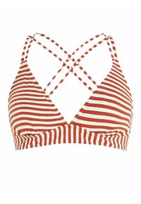 Bikini gornji dio s rebrastim uzorkom s V-izrezom, u crvenoj i bijeloj horizontalnoj prugastoj kombinaciji, te križanim naramenicama za dodatnu potporu.