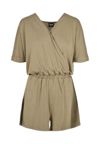 Combinaison courte beige à manches courtes avec col en V croisé, taille élastique et short à coupe décontractée.