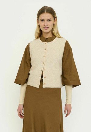 Gilet beige lavorato a maglia con scollo rotondo e chiusura con bottoni, indossato sopra una camicia marrone con colletto. Presenta una texture a coste e un design leggermente corto.