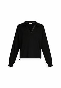 Polo noir à manches longues avec un col en V, doté d'un col et d'un ourlet élastiqué. Tissu lisse avec un éclat subtil. Détails de cordon de serrage accentués.