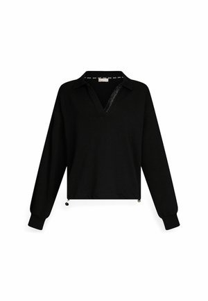 Polo noir à manches longues avec un col en V, doté d'un col et d'un ourlet élastiqué. Tissu lisse avec un éclat subtil. Détails de cordon de serrage accentués.