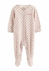 Rózsaszín és krémszínű kockás baba body hosszú ujjal, elöl nyomógombokkal és talprészes kialakítással. Hímzett "Nagy Mosolyok" részlet.