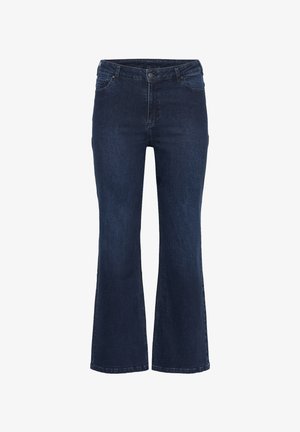 Dark blue flared jeans made of denim. Features a zip fly, five pockets, and a clean hem. Smooth texture with subtle stitching details.