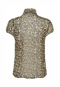 Sheer beige blouse with a leopard print pattern, high ruffled neckline, short puff sleeves, and a curved hem, emphasizing a textured fabric.