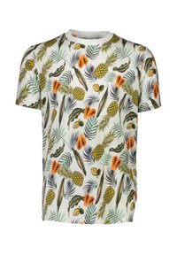 T-shirt med kort ärm i lätt tyg har en vit bakgrund med ett livligt tryck av tropiska frukter och bladverk i grönt och orange.