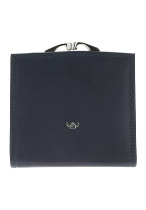 Portefeuille en cuir bleu marine avec fermoir argenté et petit logo argenté centré sur le devant, couture simple le long des bords.