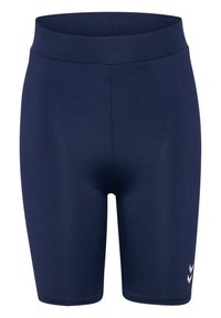 Granatowe spodenki sportowe wykonane z elastycznego materiału, z wysokim stanem i małym białym logo po dolnej stronie.