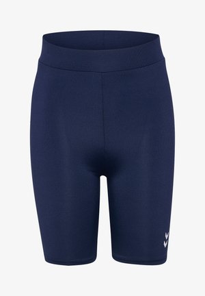 Navyblaue Sportshorts aus dehnbarem Material, mit einem hohen Bund und einem kleinen weißen Logo an der unteren Seite.