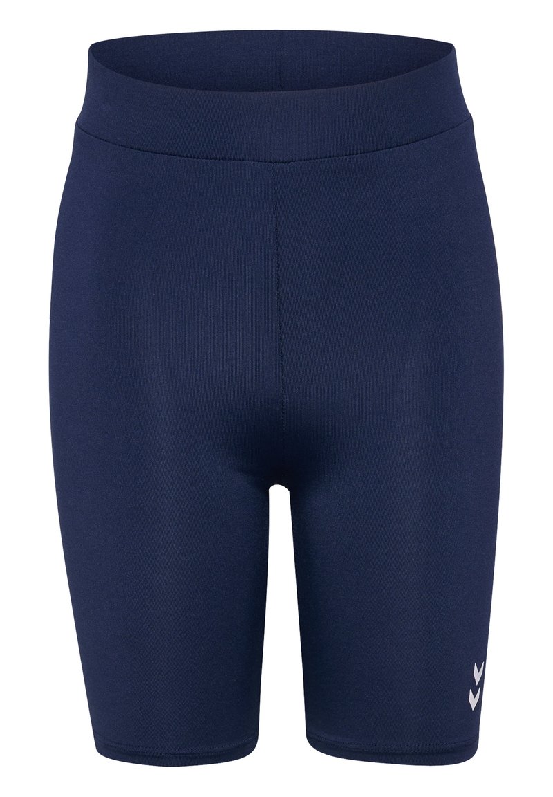 Granatowe spodenki sportowe wykonane z elastycznego materiału, z wysokim stanem i małym białym logo po dolnej stronie.