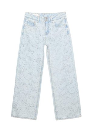 Hellblaue Jeans mit weitem Bein, verziert mit kleinen funkelnden Strasssteinen auf der Vorderseite und doppelter Knopfverschluss in der Taille.