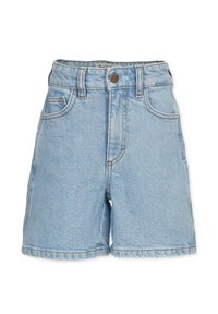 Ljusblå denimshorts med hög midja, framfickor och ljus söm. Har en rak fåll och en metallknappstängning.