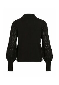 Pull-over noir avec un col haut, présentant de longues manches bouffantes texturées en tricot ajouré.