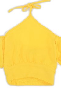 Blusa gialla corta con collo a fiocco, maniche corte a palloncino e vita arricciata. Realizzata in tessuto leggero e testurizzato.