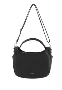 Sac à main en cuir noir avec une finition lisse et texturée. Comprend une poignée principale et une bandoulière amovible, avec des accents en métal argenté.