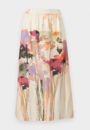 Floral-printed skirt with a cream background; features colorful, abstract flower patterns in pink, purple, and orange; elastic waistband.