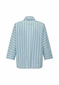 Camicia blu chiaro con righe verticali, dotata di colletto e maniche a tre quarti. Realizzata in tessuto morbido con una vestibilità comoda.