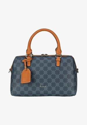 Blue patterned handbag with brown leather accents, structured shape, dual handles, zipper closure, and a luggage tag detail.