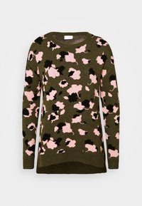 Maglione a maniche lunghe verde oliva con motivo floreale astratto rosa e nero e polsini e orlo a coste.