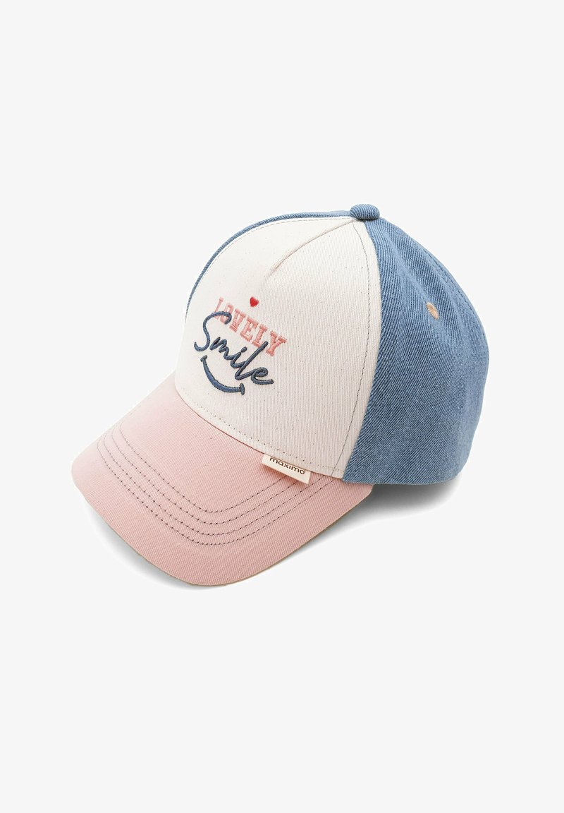 Casquette de baseball pour enfants avec une visière rose, un panneau avant blanc, des panneaux arrière bleus, et le texte "Lovely Smile" brodé avec un petit cœur rouge.