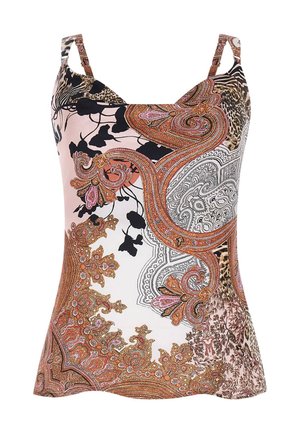 Ärmelloses Damenoberteil mit dünnen Trägern, verziert mit einem Paisley- und Blumenmuster in Orange-, Schwarz-, Weiß- und Brauntönen.